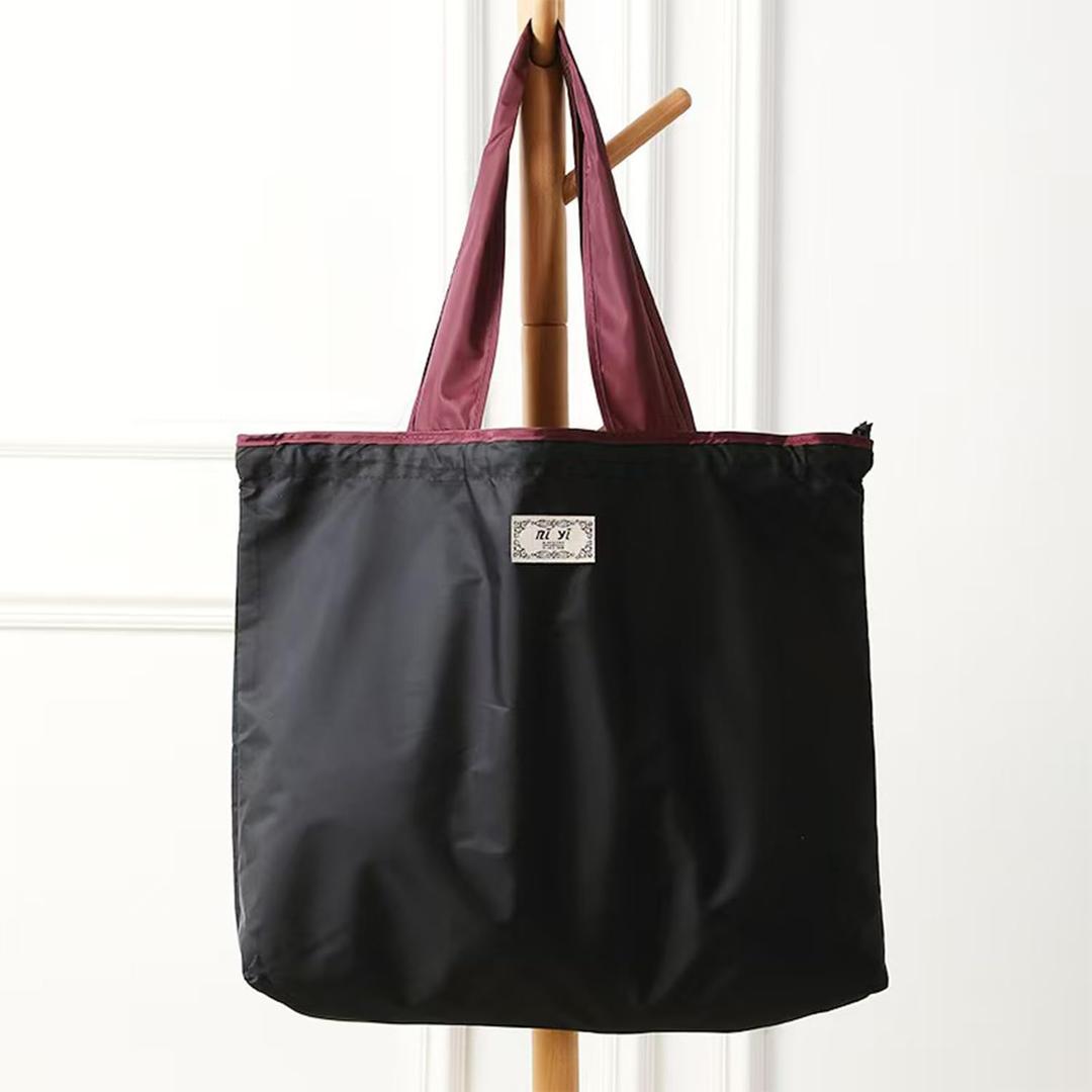 Foldable Tote Bag Pull the Rope Closure Collapsible Packable Reusable Large Grocery Shopping Bags with Handles and Strap (Black)