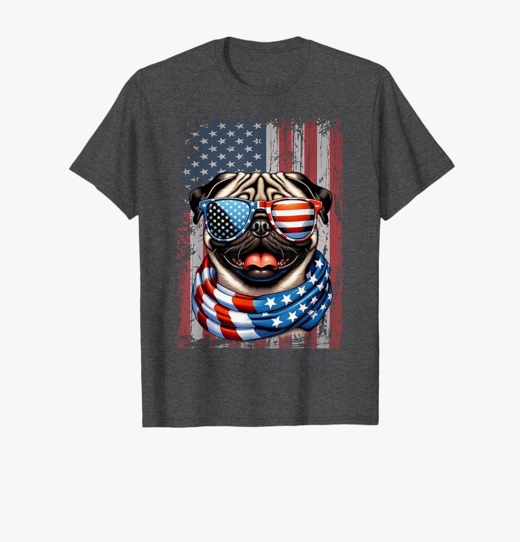 Pug Dog Lover US Flag 4th Of July Patriotic T-Shirt, L