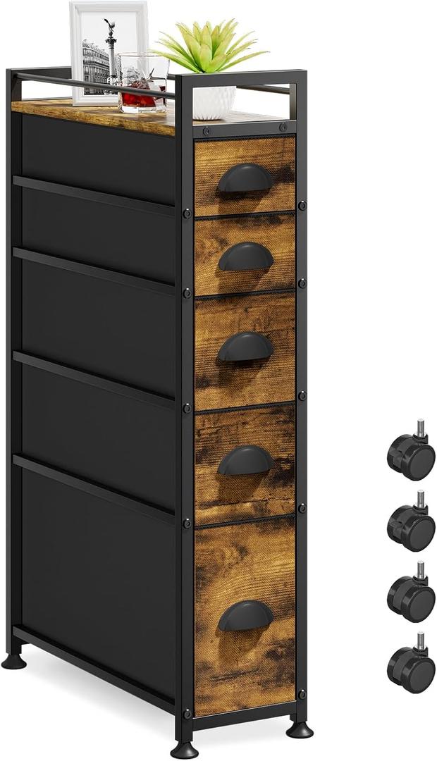LASZOLA 5 Drawer Narrow Dresser Slim Cabinet Skinny Storage Tower Chest, Ideal for Small Spaces Bathroom Bedroom, Between Washer and Dryer, Lightweight Mobile on Wheels, Sturdy Fabric Drawers, Brown (29.5-33.5 inch)