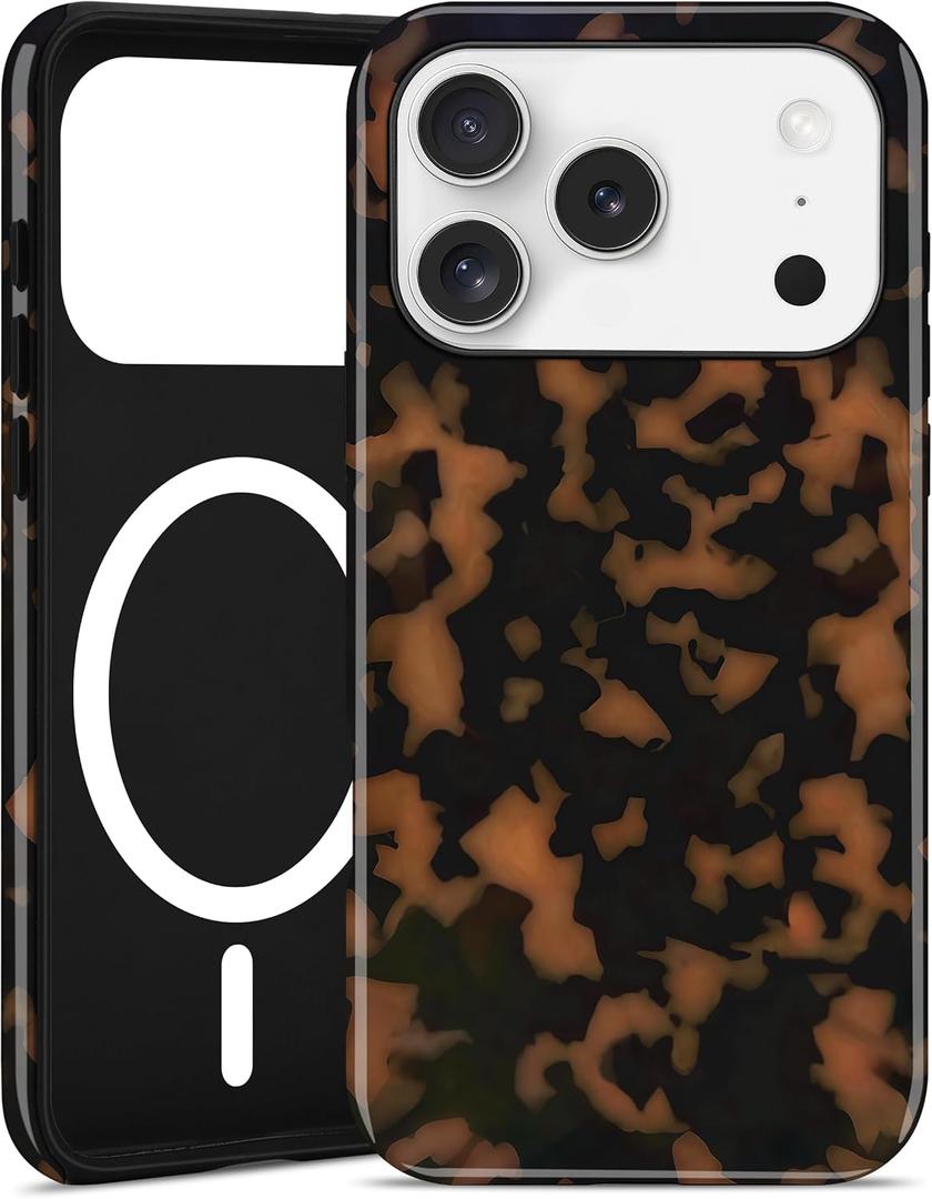 Jusy Compatible with MagSafe Brown Tortoise Shell Print Phone Case for iPhone 17 Pro, Amber Trendy Luxury Magnetic Soft TPU and Hard PC Protective Phone Cover for Women Girls - Yellow
