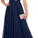 Formal Dresses for Women Prom Evening Gown Sequin Tulle V Neck Ruffle Short Sleeve Empire Waist A Line Long Dress (L)