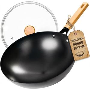 ANGORA BRANDS 12.5" Round Bottom Carbon Steel Wok with Lid - Authentic Stir Fry Pan for Gas Ranges - Professional Grade Chinese Wok for High Heat Cooking - Wood Handle - Nonstick Coating