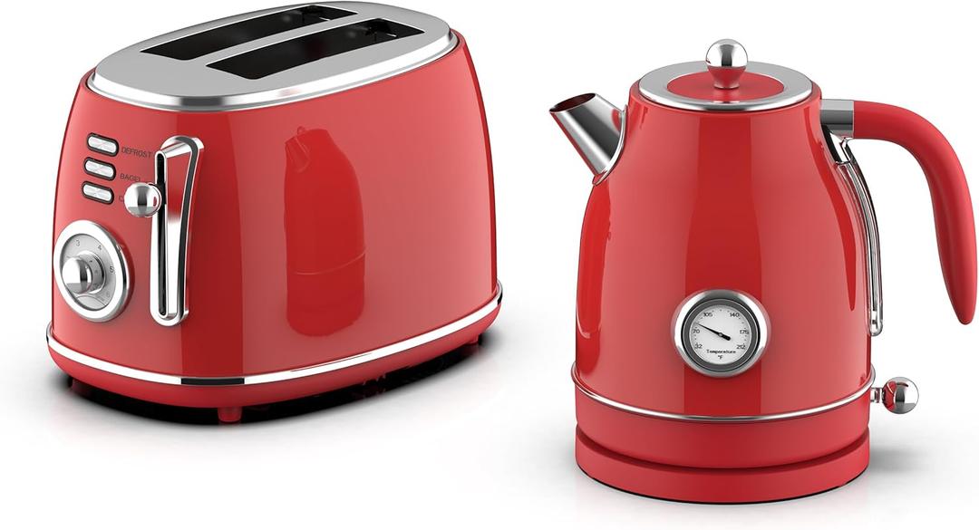 MegaChef 1.7 Quart Electric Tea Kettle and 2 Slice Toaster Combo (Red) (One Size)
