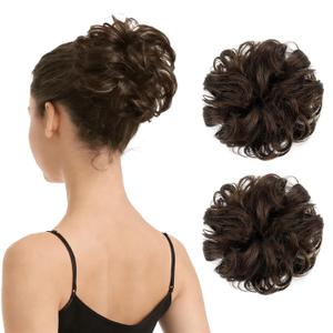 BARSDAR 100% Human Hair Bun Extension - 2 PCS Real Human Hair Brown Messy Bun Scrunchie for Women - Elastic Wavy Brunette Updo Extensions Soft Fluffy Natural Looking Small Brown Chignons Hairpieces