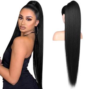 FLUFYMOOZ ponytail extension, 36 Inch Long Straight Drawstring Ponytail Synthetic Hairpieces Fake Pony Tails Natural Soft Clip in Hair Extension ponytail for Women (Jet Black)