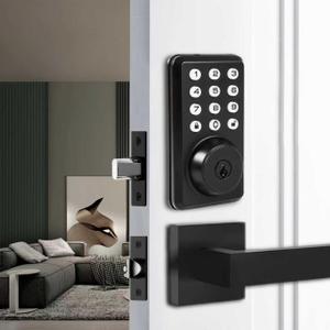Front Door Handle and Deadbolt Set, Keyless Entry Door Lock Deadbolt with Doorbell, Electronic Keypad, Voice Prompt, Auto Lock, Anti-Peeping Password, Digital Code Door Lock, Matte Black