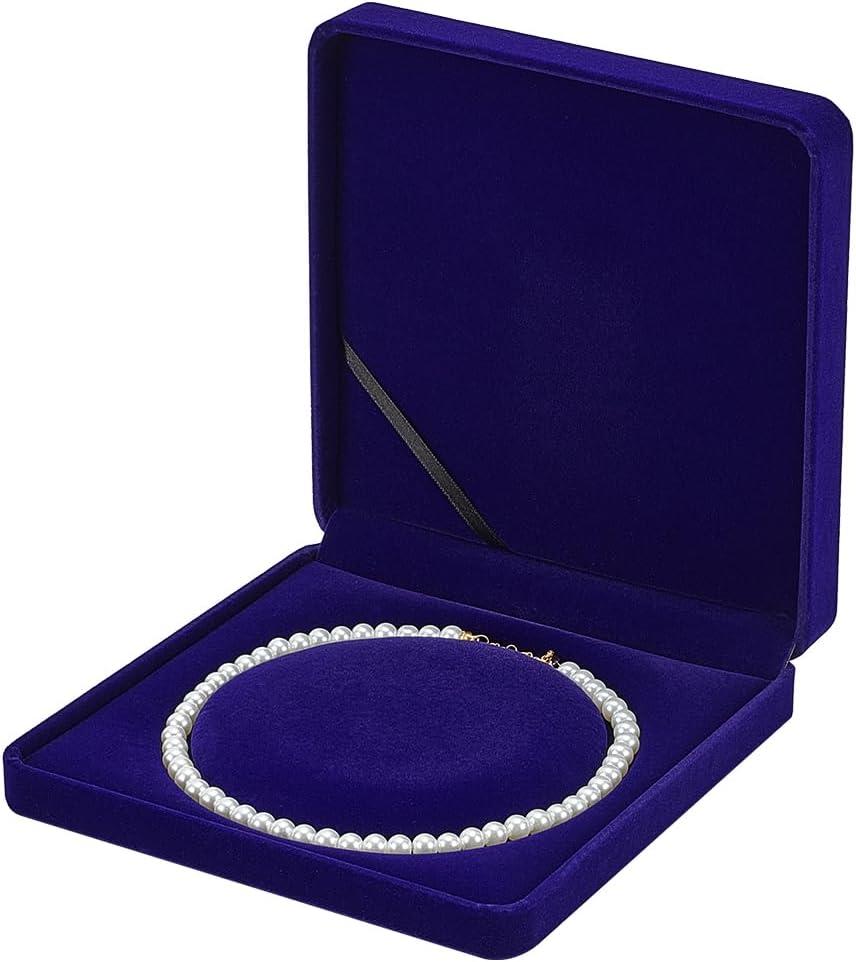 FINGERINSPIRE Velvet Pearl Necklace Storage Gift Box 7.48x7.48x1.6inch Square Velvet Jewelry Gift Box Dark Blue Necklace Gift Display Case Wedding Jewelry Storage Holder for Long Pearl Chain Necklace