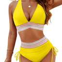 Blooming Jelly Women High Waisted Bikini Sets Tummy Control Swimsuits Color Block Two Piece Drawstring Bathing Suit (XX-Large, Yellow)