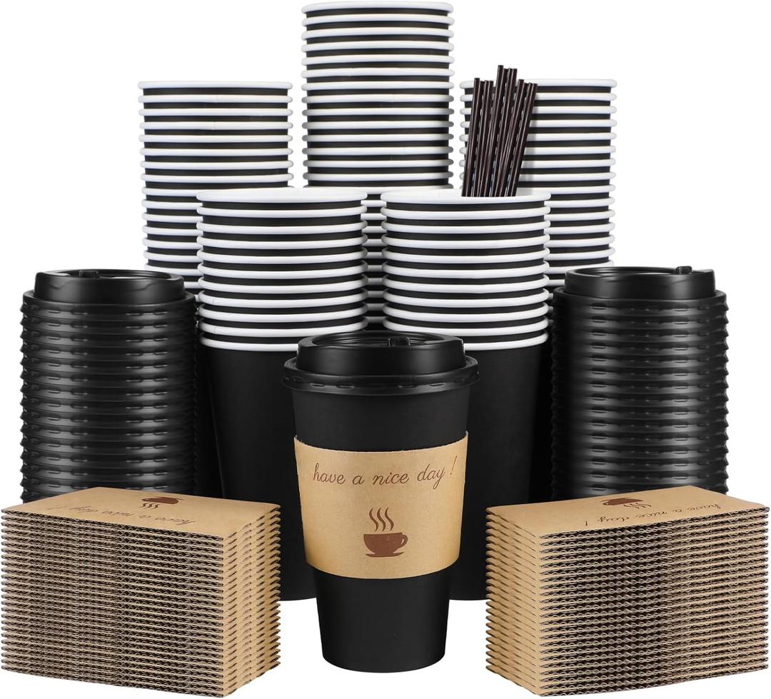 100 Pack 16 oz Coffee Cups with Lids, Disposable To Go Paper Coffee Cups with Sleeves and Stirring Sticks for Hot/Cold Drinks Office Home Shop Event (Black)