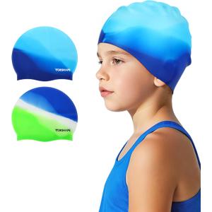 Swim Cap Kids (2 Pack), Durable Waterproof Swimming Cap for Girls Boys Teens Toddler Aged 3-15, Comfortable Fit Kids Swim Cap for Long Hair and Short Hair, Silicone Swim Caps for Kids Toddler (Green & Blue-green)