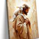 Jesus and Lamb Canvas Wall Art Jesus Saves the lost lamb Wall Decor Pictures Christian Lamb of God Painting Posters Prints for Dining Living Room Kitchen Wall Bedroom Decoration (12"L x 16"W)