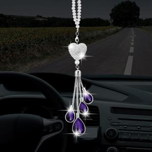 Frienda Bling Car Rear View Mirror Accessories for Women Gift Cute Heart Crystal Hanging Charm Diamond Decoration Lucky Interior Ornament Pendant(9.8 Inch,Purple)