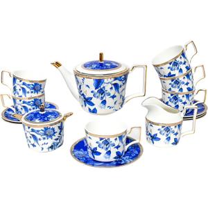 Bone China Tea Set for Adults, Blue and White Porcelain Tea Sets, Bone China Tea Cup Set With Teapot Creamer Pitcher Sugar Bowl and Teaspoons, Vintage Tea Sets for Women Tea Part