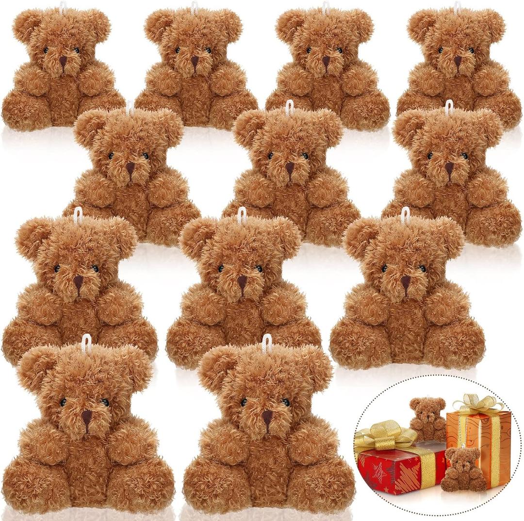 Sotiff 12 Pcs Mini Plush Bear Bulk 4 Inch Stuffed Bears Soft Tiny Animal Doll DIY Keychains Gifts for Volunteer Graduation Baby Shower Party Favors(Brown)