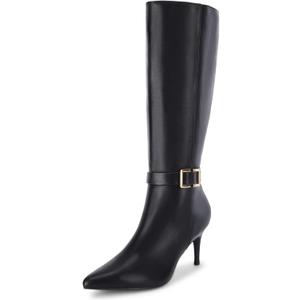 Coutgo Womens Knee High Boots Stiletto Heels Suede Pointed Toe Wide Calf Metal Buckle Side Zipper Winter Boots (6, Cool Black)