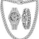 Watch Set for Men Cuban Chain Link Bracelet Necklace