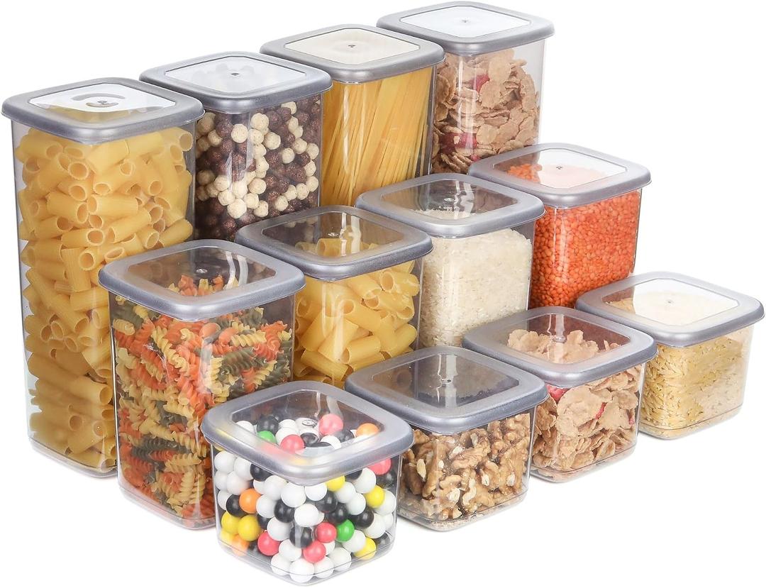 T&D HOME GOODS Storage Jars with Lid, Airtight, Set of 12 Storage Containers, BPA-Free, Storage Container for Cereal, Flour, Kitchen, Practical Organiser Kitchen, (12, 3 Square diff size)