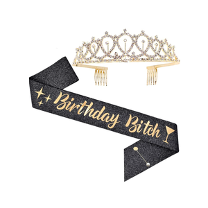 Birthday Bitch' Sash, Crown Tiara & Party Supplies Kit - Black Glitter Sash, Women's Birthday Gifts