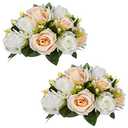 NUPTIO Artificial Flower Centerpieces for Tables: Peachy Champagne & White Flower Ball Arrangement for Wedding Party - 2 Pcs 9.5 Inch Diameter Floral Rose for Bridal Shower Decor