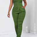 PINSV Women's 2 Piece Outfits Bodycon Lounge Wear Crop Top Stacked Pants Going Out Jogging Tracksuit Sets (Green, M)