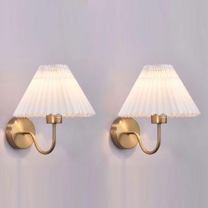 Gold Wall Sconces Sets of 2, Pleated Fabric Wall Lamp Bedside Wall Light Bathroom Dresser Vanity Light Hardwired Wall Lighting for Bedroom Living Room Hallway Kitchen