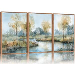 Yeehomedec Large Vintage Neutral Nature Framed Canvas Wall Art, Mid Century Modern Fall Wall Decor, Wilderness Landscape Art Painting, Rustic Country Trees Artwork for Living Room Bedroom Office 16"x24"x3