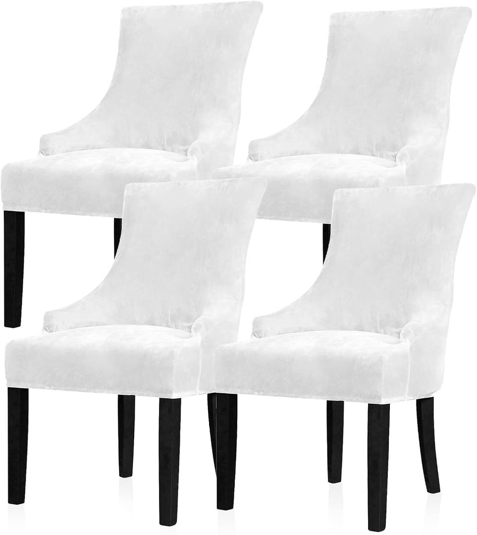Lellen Velvet Stretch Wingback Chair Cover Slipcover - Reusable Protector Cover for Dining Room Banquet Home Decor etc Machine Washable Hand Washable (White, 4PC)