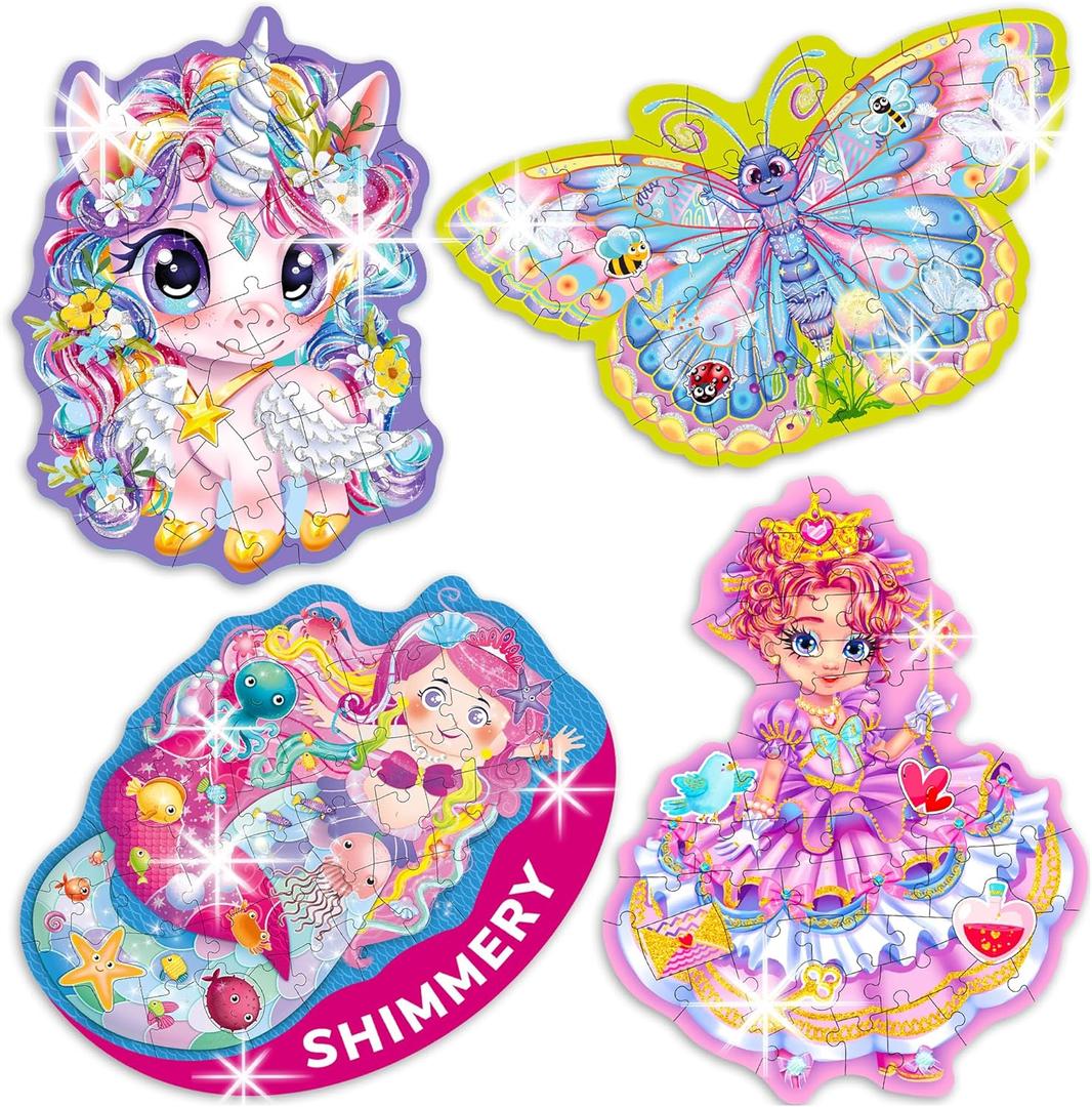 QUOKKA Shimmery Puzzles for Kids Ages 4-6  48 Piece Shaped Jigsaw Puzzles for Toddlers 3-5  4-Pack Princess, Mermaid, Butterfly & Unicorn Children's Game Ages 4-8  Unique Gift Toy for Preschoolers