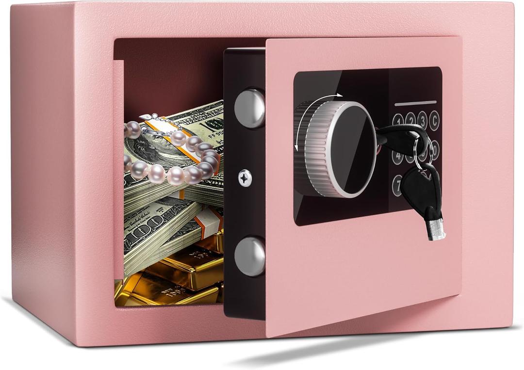 Digital Electronic Money Safe, Steel Security Lock Box with Keypad, Office Hotel Business Jewelry Gun Cash Safe, 0.23 Cubic Feet, 9.06" W x 6.69" D x 6.69" H（Pink）