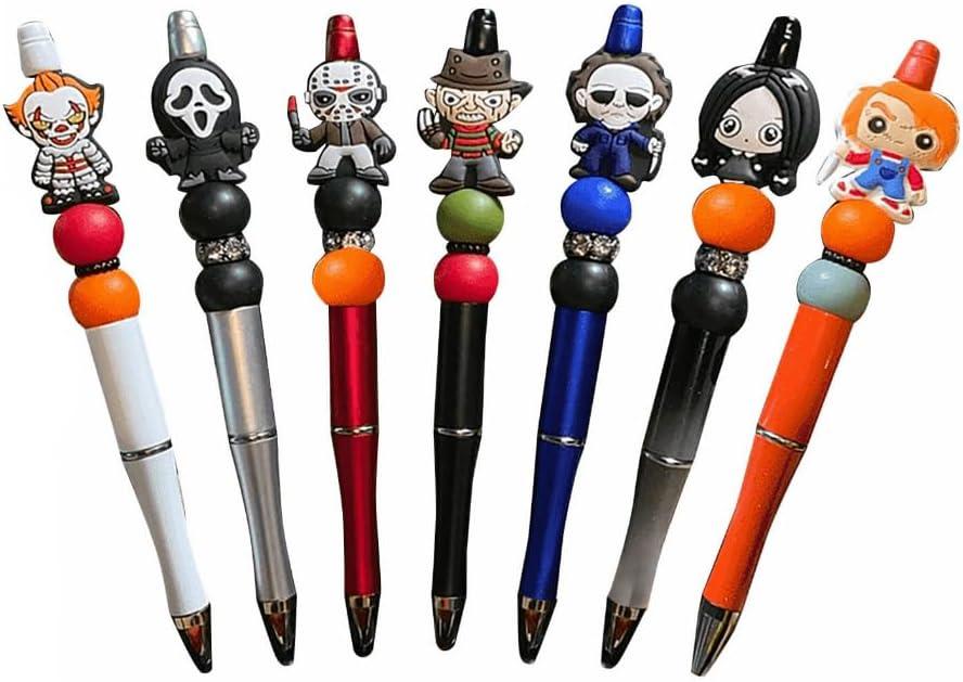 7PCS Horror Beadable Pens Horror Movie Pens Refillable Novelty Ballpoint Pen Set Halloween Spooky Pen Horror School Office Desk Accessories Gift for Adults