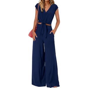 PRETTYGARDEN Women's Summer 2 Piece Outfits 2025 Cap Sleeve V Neck Belted Crop Tops Wide Leg Pant Sets Casual Tracksuit (Large, Solid Dark Blue)