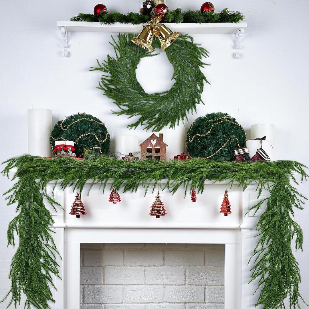 2Pcs 6FT Norfolk Pine Garland Christmas Dense Winter Pine Garland Green Artificial Faux Greenery Real Touch Garlands for Mantle, Wall, Table, Home Xmas Holiday Decor