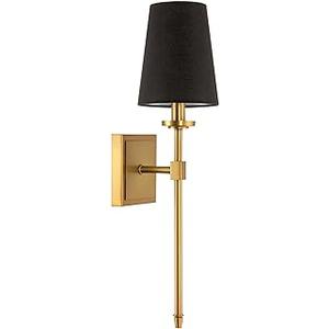 Kira Home Torche 20" Mid Century Modern Wall Sconce with Tapered Black Linen Shade, Candle Wall Light with Elongated Tail, Warm Brass Finish