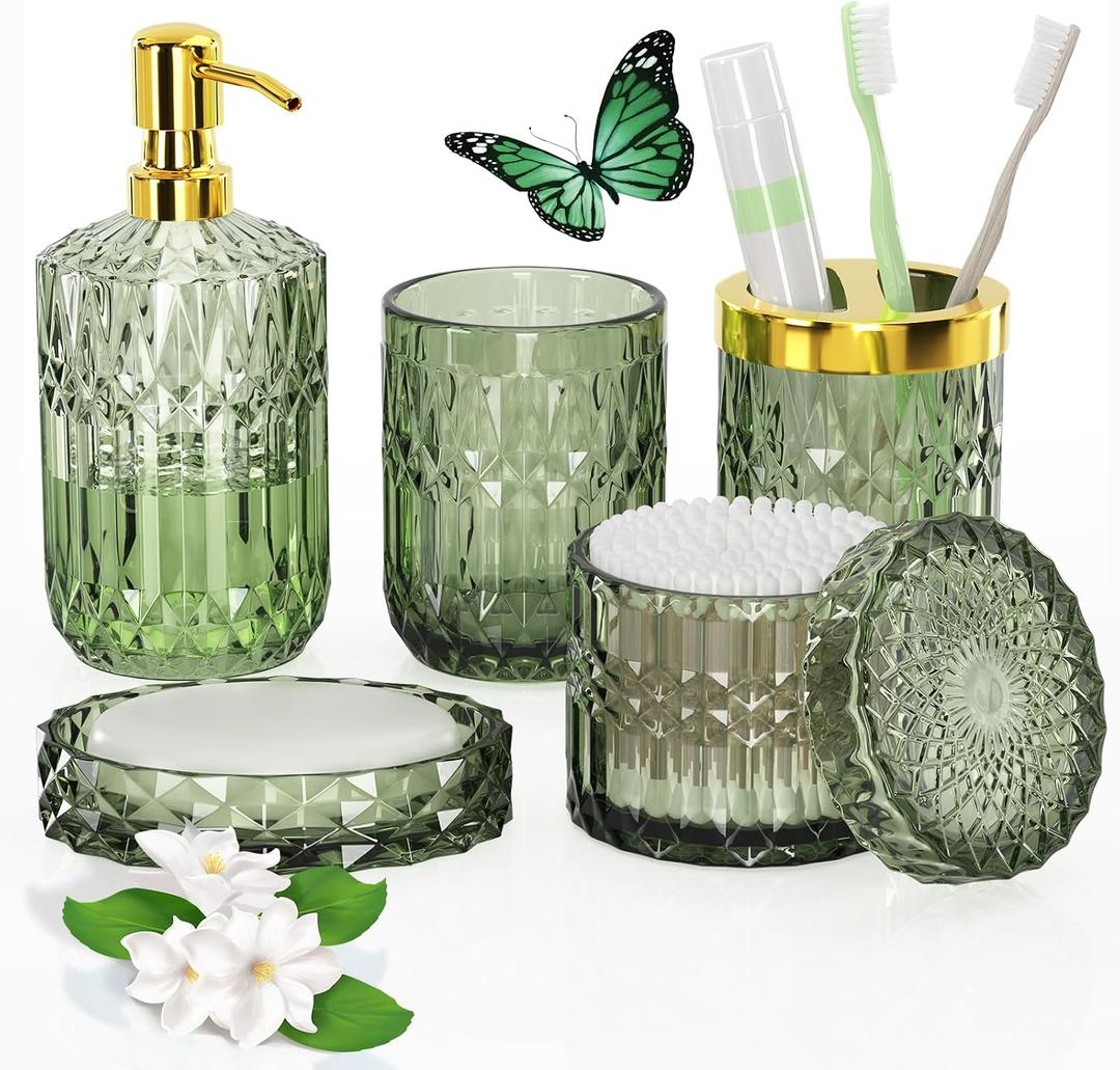 QIQU Green Glass Bathroom Accessories Set 5 Pcs, Green Bathroom Set, Soap Dispenser and Toothbrush Holder Set, Qtip Holder Set, Vintage Bathroom Sink Set, Cute Bathroom Decor