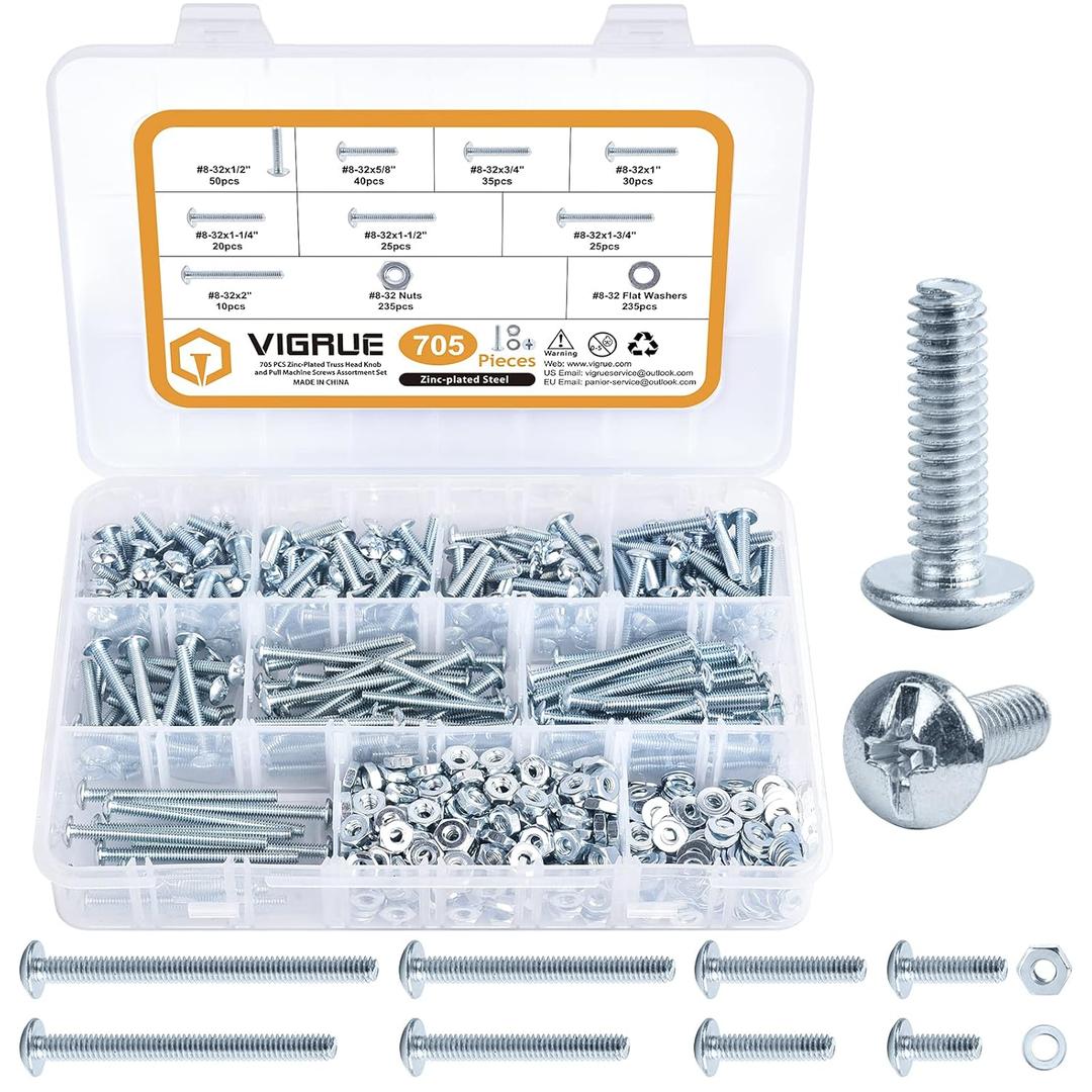 VIGRUE 705PCS #8-32x1/2 to #8-32x2 Machine Screws 8/32 Knob/Pull Screws Bolt Nut Flat Washers Zinc-Plated Steel Phillips Machine Screws Assortment Kit, Cabinet Door and Drawer Screws