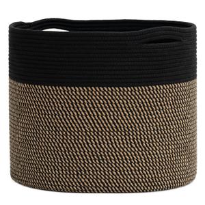 Goodpick Woven Rope Storage Basket, Blanket Basket for Towel, Shoe, Clothes, Large Toy Storage for Playroom, Living Room, Nursery, Toy Bin, Black (15.8x15.8x13.8 Inch (Pack of 1), Black & Mix Jute)