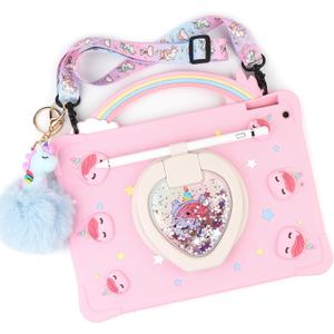 [Super Cute Rainbow Handle Unicorn Case] Compatible with Samsung Galaxy Tab A9 Plus Tablet 11'' 2023 (SM X210/X216/X218) Kids Pop it Case for with Rainbow Handle and 360 Rotating Stand - Pink
