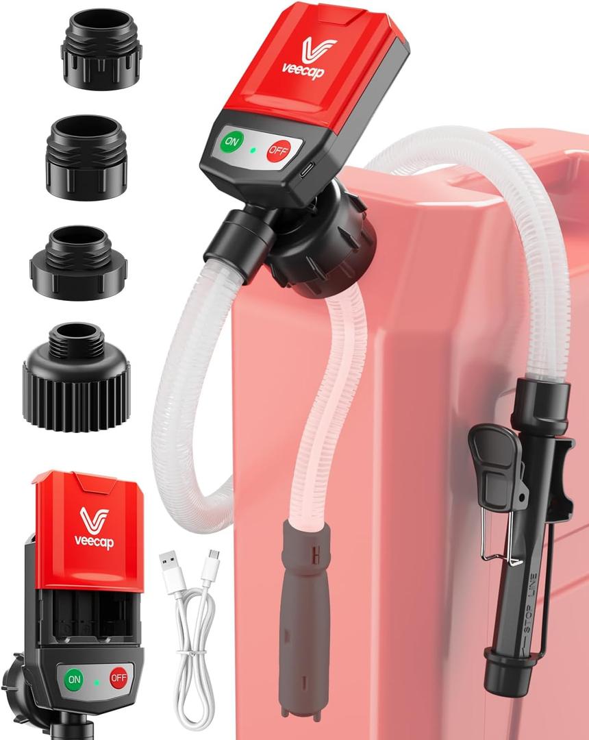 Automatic Electric Fuel Transfer Pump with Auto-Stop, 3.8GPM & 51" Hose & 4 Size Adapters Gas Can Pump with Leak Protection for Gasoline, Diesel, Kerosene, Gifts for Men Dad Him - 2nd Gen Red Black