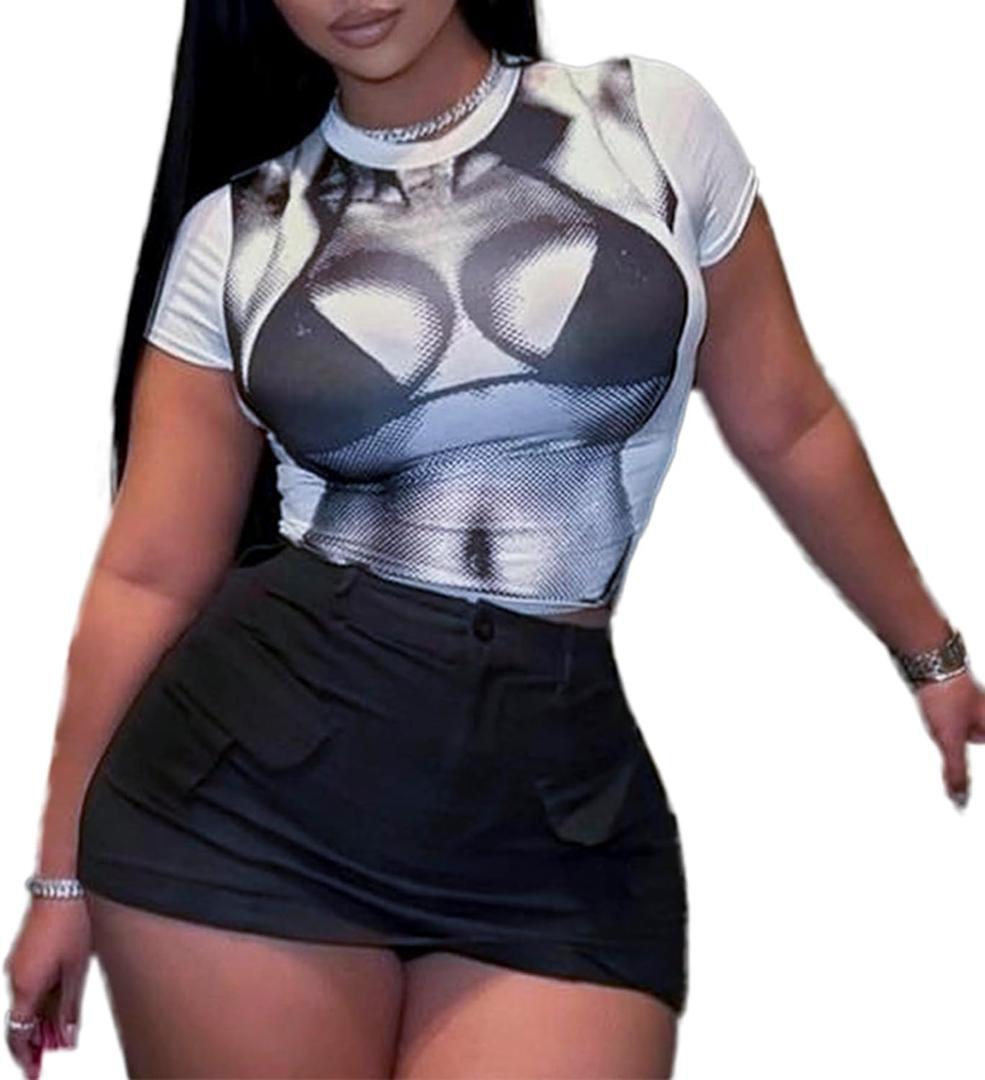 sedmoda Women Sexy Graphic Tees Crop Tops Short Sleeve 3D Body Print Summer T Shirts Blouses (Small)