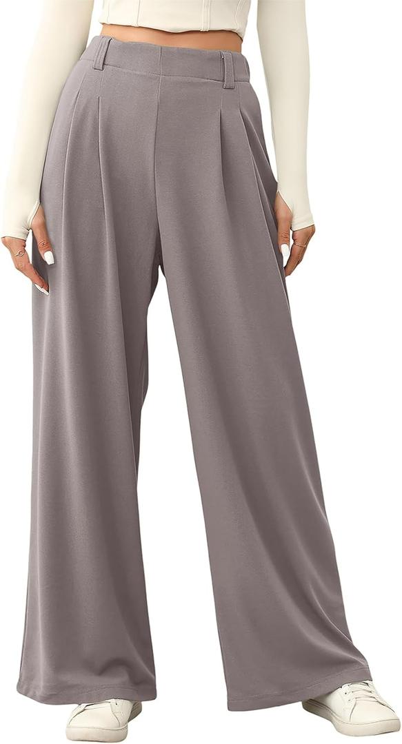 EVALESS Wide Leg Pants for Women Elastic High Waisted Waffle Knit Fleece Lined Palazzo Pants Work Trousers with Pockets (XX-Large, Light Grey)
