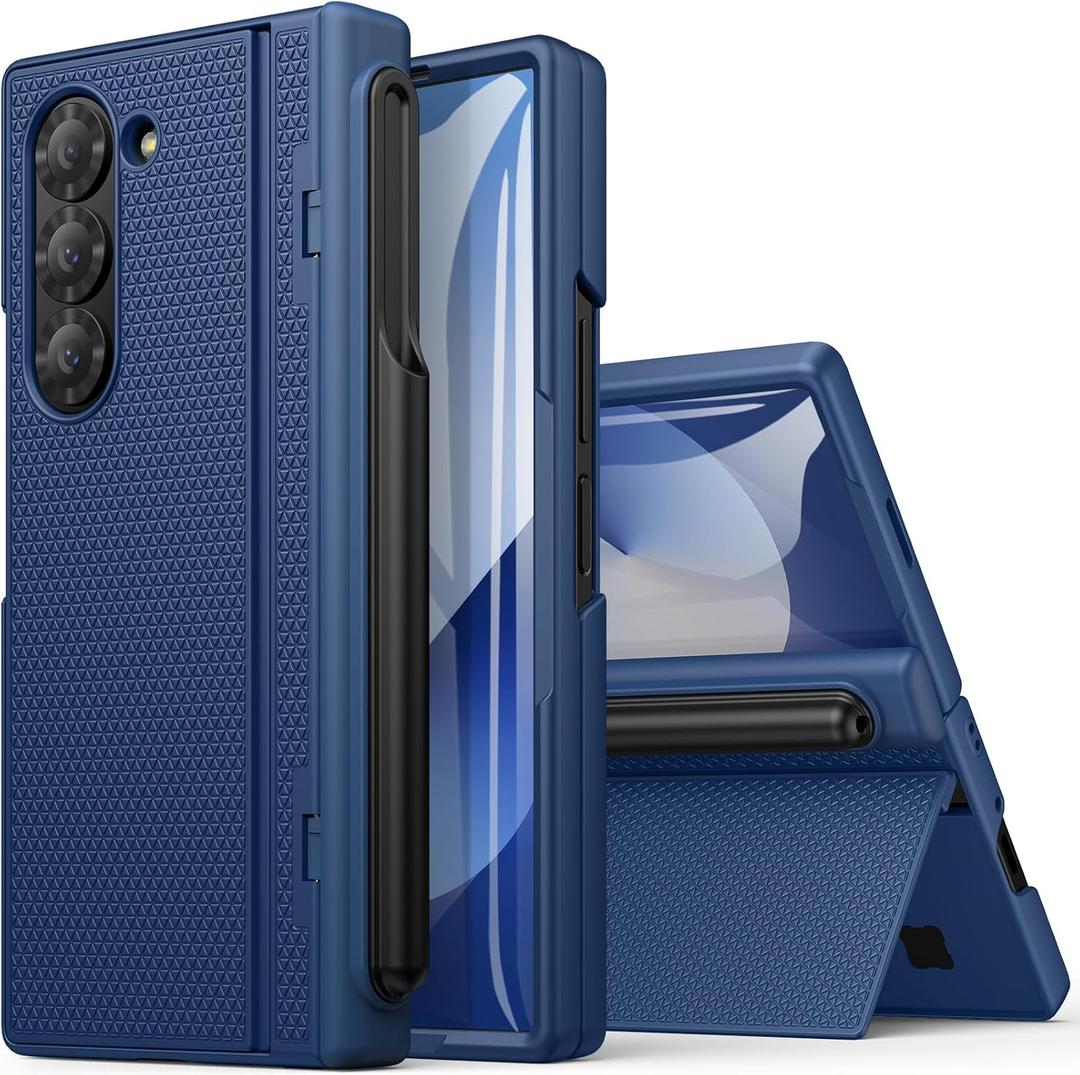 for Samsung Galaxy Z Fold 6 Case with S Pen Holder, Slim Fit with Stand, Tempered Screen Protector & Hinge Protection, Rugged Hard Full Body Protective Phone Case for Galaxy Z Fold 6 5g, Blue