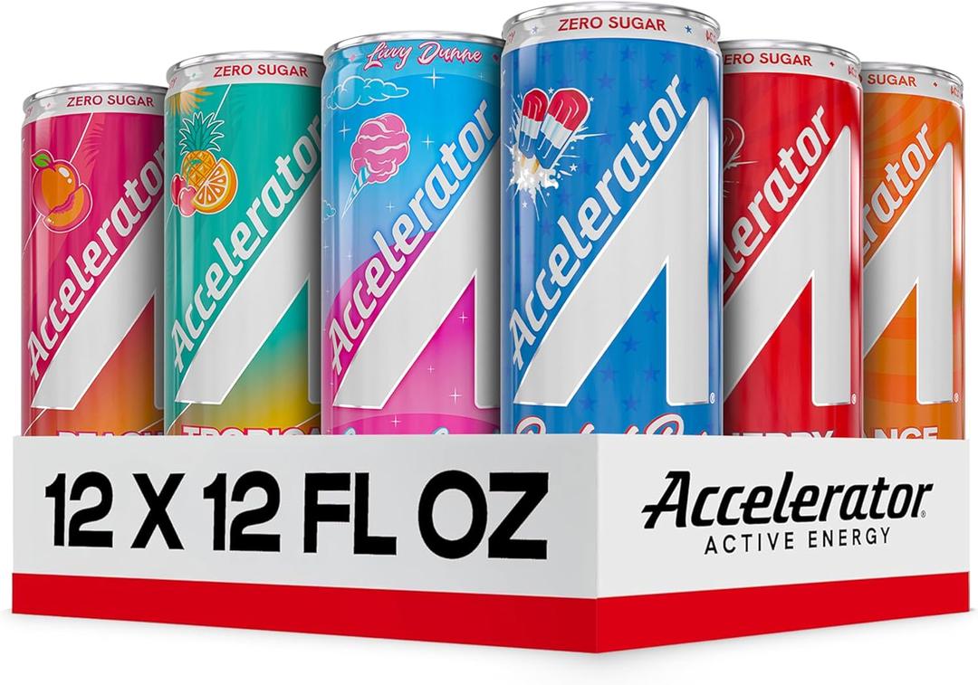 Accelerator Energy Drink, Ultimate Variety Pack 12oz can (12 pack), Zero Sugar, Sustained Energy from 100% Natural Caffeine (200mg from Green Coffee Bean & Green Tea extract) (EXP 06/01/26)