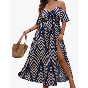 Floerns Women's Plus Size Cold Shoulder Short Sleeve Split Thigh Long Dress, XL PLUS