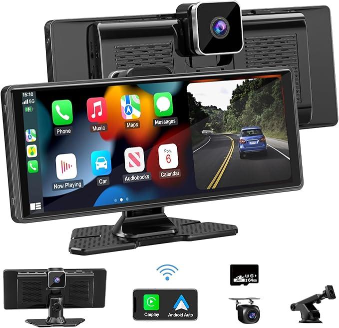 Carplay Screen for Car,10.26" HD IPS Wireless Portable car Stereo for Apple Carplay&Android Auto,Car Audio Receivers with 4K Dash Cam/1080P Rear Camera,GPS Navigation,Mirror Link,FM,Voice Control, Black