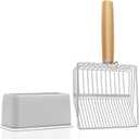 UFECODO Fast Sifting Cat Litter Scoop with Holder Stand, 2 Widths of Slots Stainless Steel Poop Scooper with Ergonomic Wood Handle, Heavy Duty and Easy Clean (0.2&0.4inch gap)