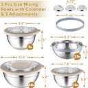 P&P CHEF Mixing Bowls with Lids Set of 3, Stainless Steel Mixing Bowl and Colander for Kitchen, 3 Grater Attachments & Non-Slip Bottoms, Visible & Airtight Lid, Khaki