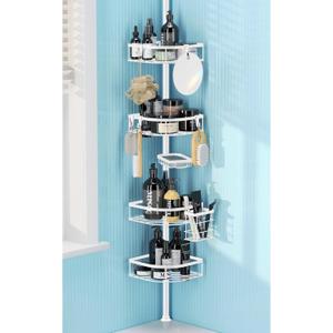 Shower Caddy Tension Pole, 4-Tier Adjustable Corner Shower Standing Caddy, Rustproof Shower Rack for Bathroom Bathtub, with 4 Shelves, No Drilling Shower Shelf for Inside Shower (White)