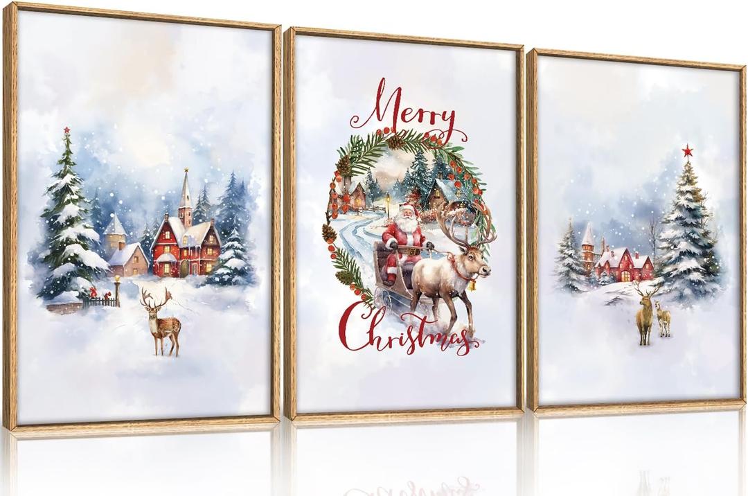 HPINUB Christmas Santa Reindeer Framed Canvas Wall Art Set Sleigh Deer Winter Snow Forest Tree Wall Decor Wonderland Art Print for Living Room,Bedroom,Party-16" x24"x3