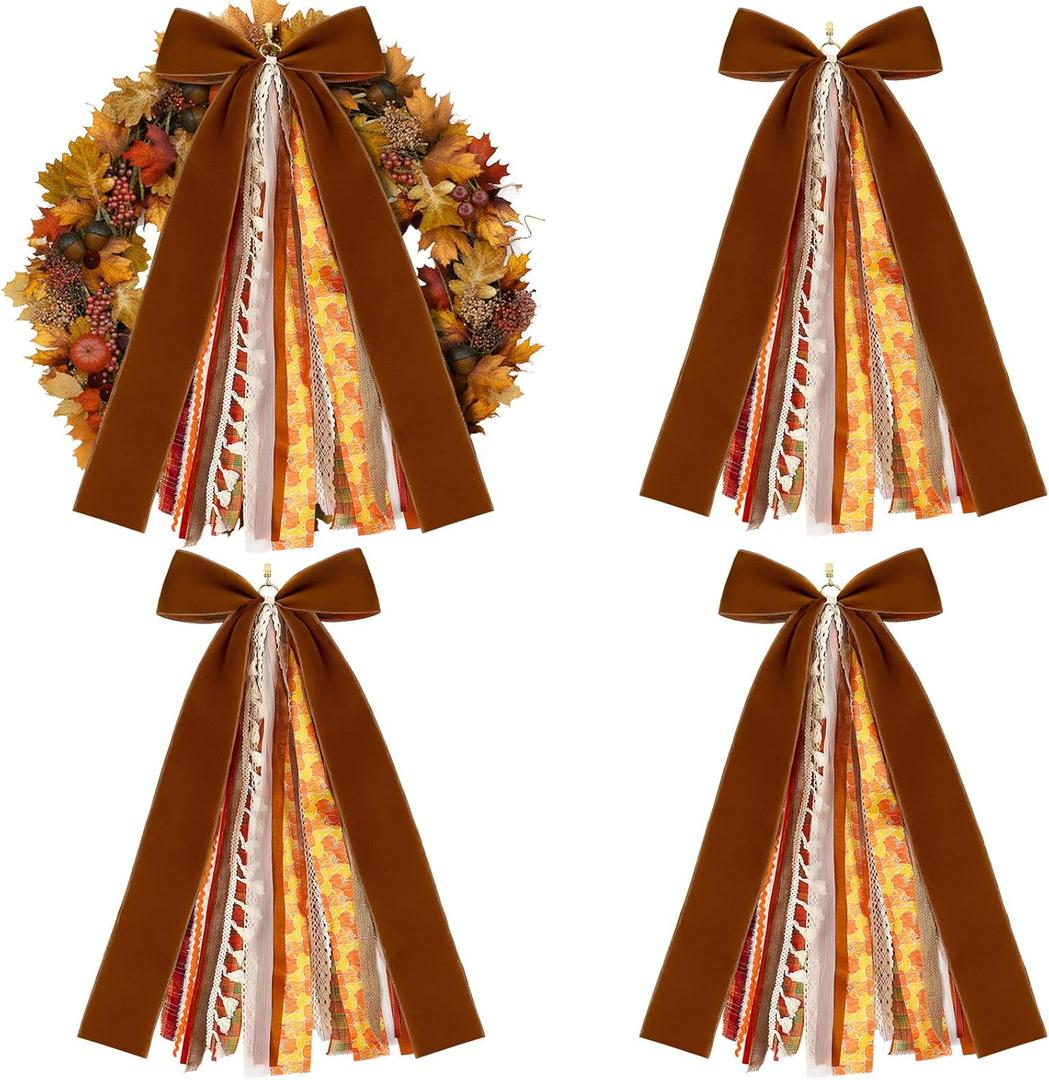 3 Pack Thanksgiving Assorted Ribbon Bow for Wreath Large Fall Clip-on Wreaths Ribbon Tree Topper Bow Decorative Wreath Sash Bundle for Front Door Thanksgiving Party Yard Porch Ornament Decor