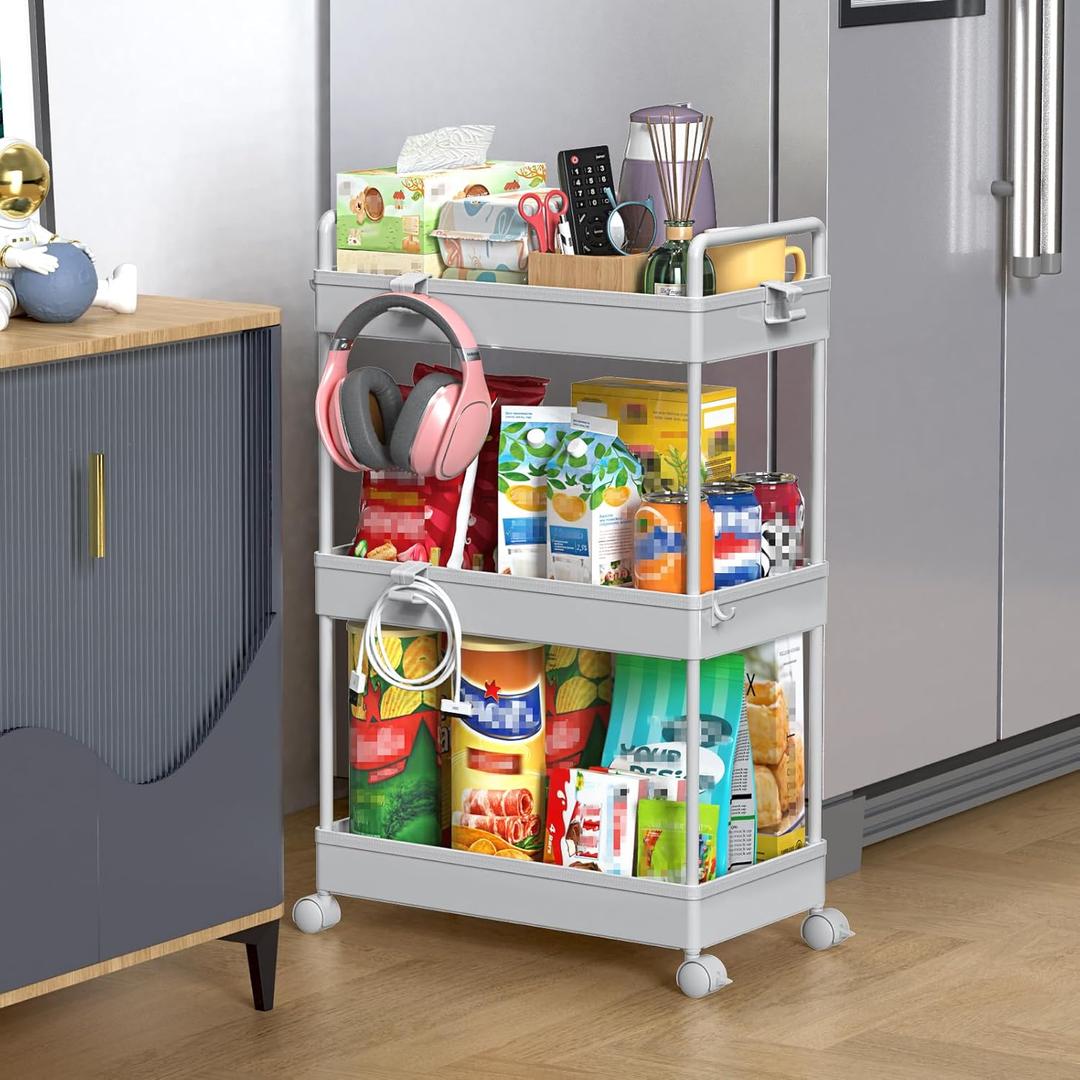 SOLEJAZZ 3 Tier Rolling Storage Cart with Wheels Slim Craft Nail Makeup Snack Art Baby Utility Cart Organizer on 2 Lockable Wheels for Bathroom Laundry Room Kitchen Bedside Narrow Spaces, Gray (Grey)